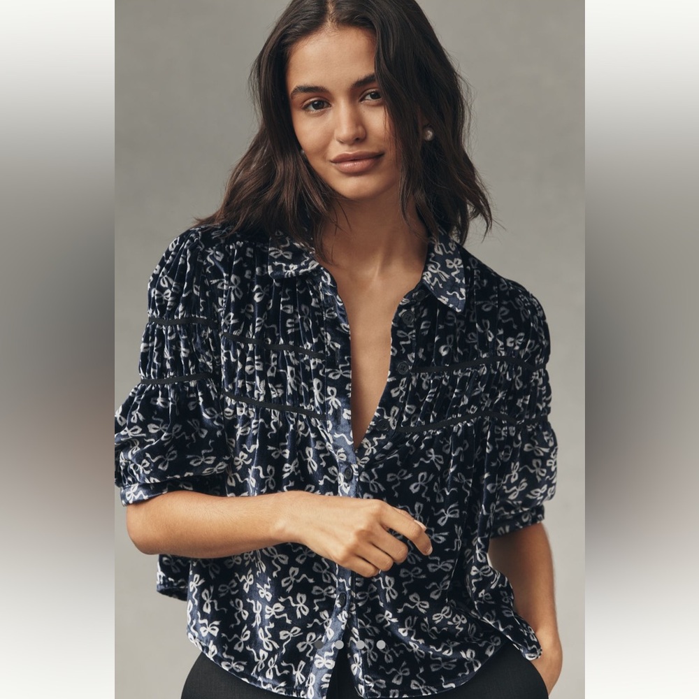 Anthropologie Navy & White Velvet Button-Down Blouse